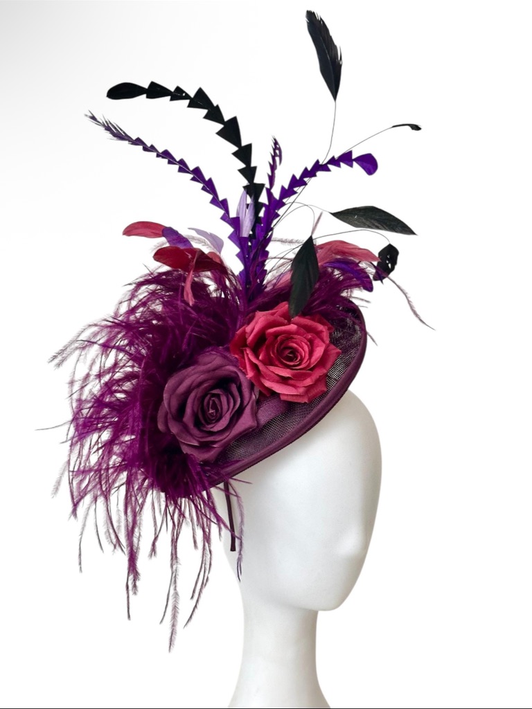 Custom Artisan Purple Pink Rose Ostrich Feater Fascinator Headpiece